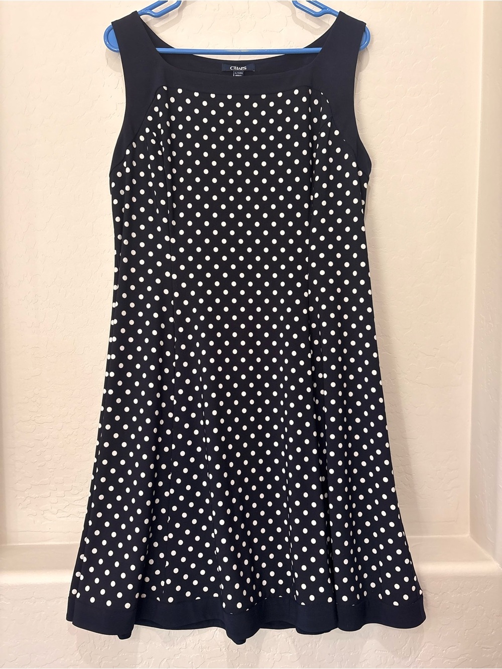 Chaps Navy and White Polka Dot Sleeveless Fit-and-Flare Dress